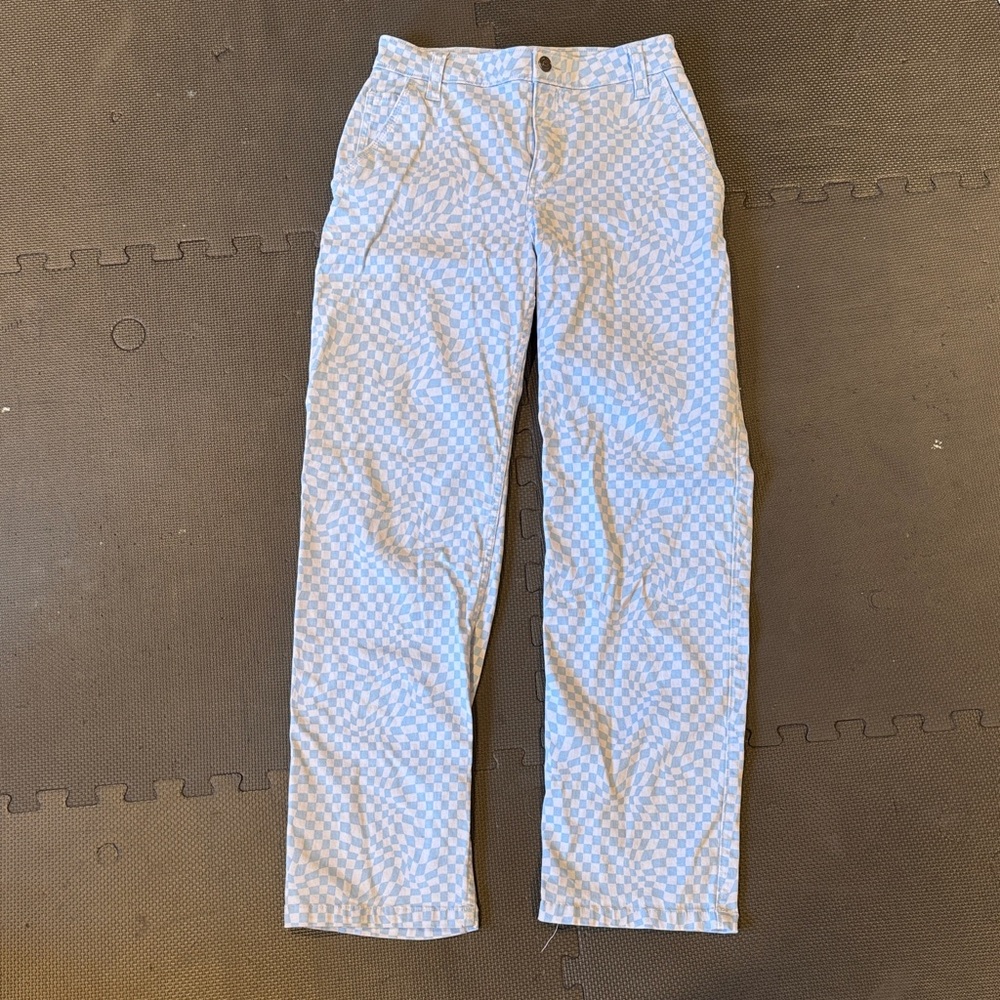 Hollister Women’s Blue and White Checkered High-Rise Utility Dad Pants